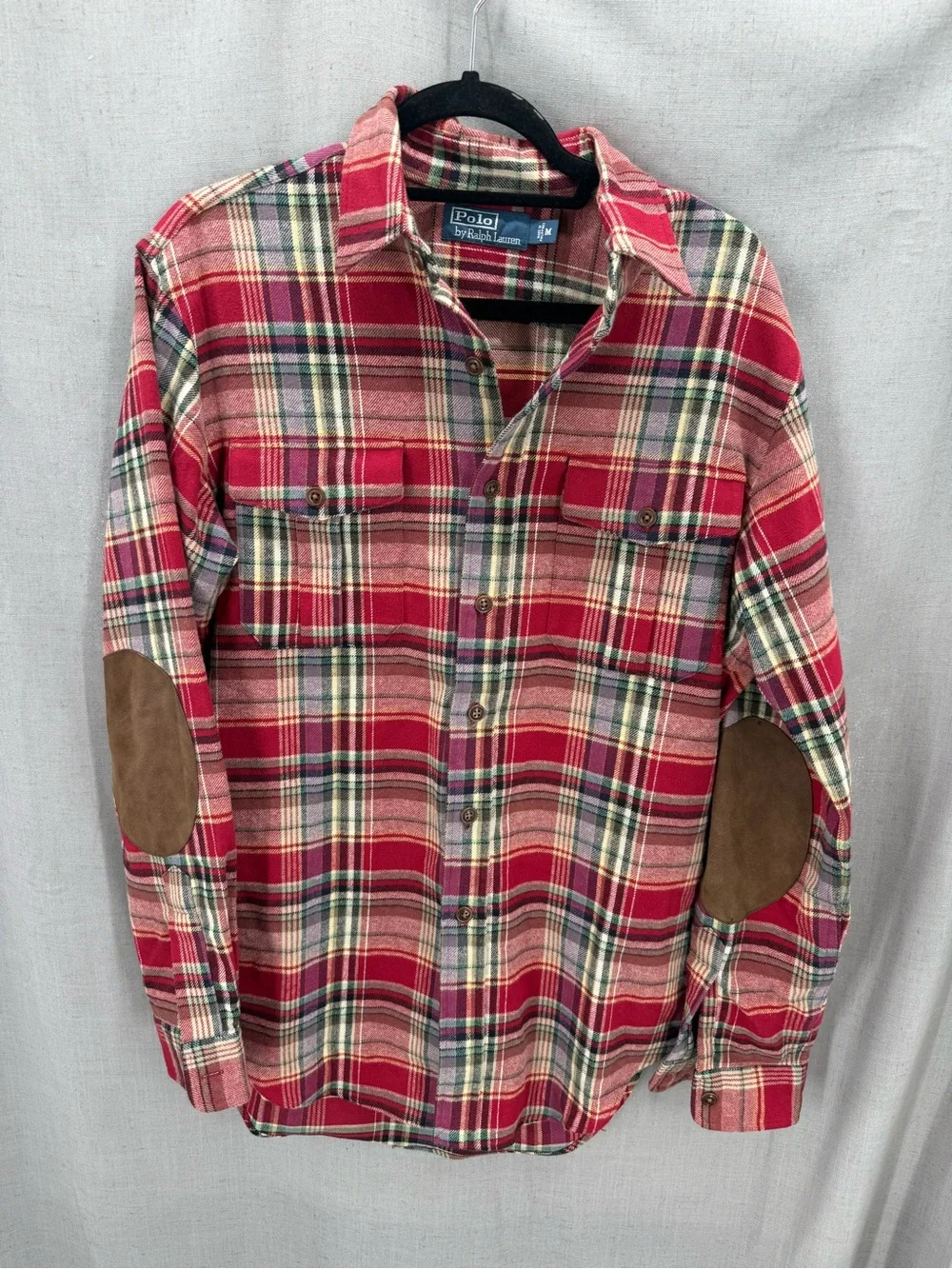 Vintage Polo Ralph Lauren Plaid Flannel Shirt Heavy Size M Outdoors Elbow Patch
